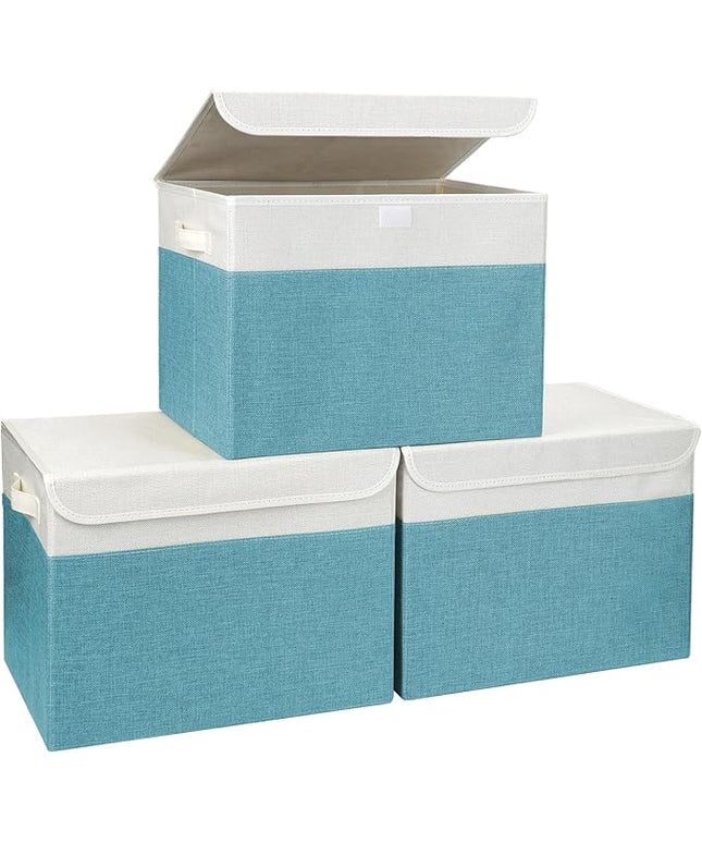 Large 17" 42 Quarts Collapsible Stackable Storage Bins with Lids [3-Pack] Foldable Fabric Linen Storage Boxes Cube, Closet Organizer Baskets with Label for Home (16.7 x 12 x 12", Teal & White)