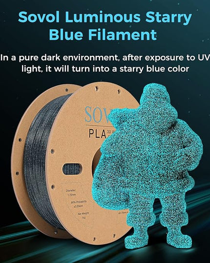 Sovol 3D Printer Luminous Filament, Glow in The Dark PLA 1kg (2.2 lbs) Spool 3D Printing Materials, Dimensional Accuracy +/- 0.03 mm, 1.75 mm, Shiny Blue