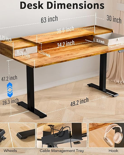 Kingant 63 x 30 Inch Standing Desk with Drawers, Adjustable Height Electric Sit Stand Desk with Storage Shelf, Rising Stand Up Computer Desk for Home Office Workstation, 3 Preset Heights(Light Rustic)