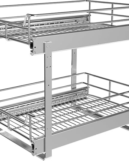 JOWBOOW 2-Tier Cabinet Pull Out Shelves (14" W x 22" D), Slide Out Shelves for Kitchen Cabinets, Metal Under Cabinet Roll Out Shelf