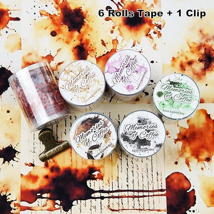 AuriicLeaf Memories of Coffee PET Tape Set, 6 Rolls Vintage Coffee Stain Stickers with Clip for Scrapbooking, Journaling, DIY and Crafts Supplies