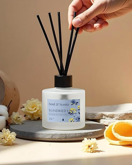 Soul & Scents Reed Diffuser Set – Sundried Linen | 7.43 oz Refillable Scented Oil with 6 Fiber Sticks | Long-Lasting Home Fragrance & Air Freshener for Bedroom, Bathroom, Office | Gift & Décor Piece