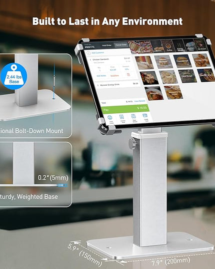 AboveTEK Anti-Theft iPad Kiosk Stand, 360 Rotation & Adj. Height 8.3"–13.4", Heavy-Duty Steel & Aluminum, Fits 9.7"-13" Tablets, Security Retail POS Tablet Stand for Business & Commercial Use (Silver)