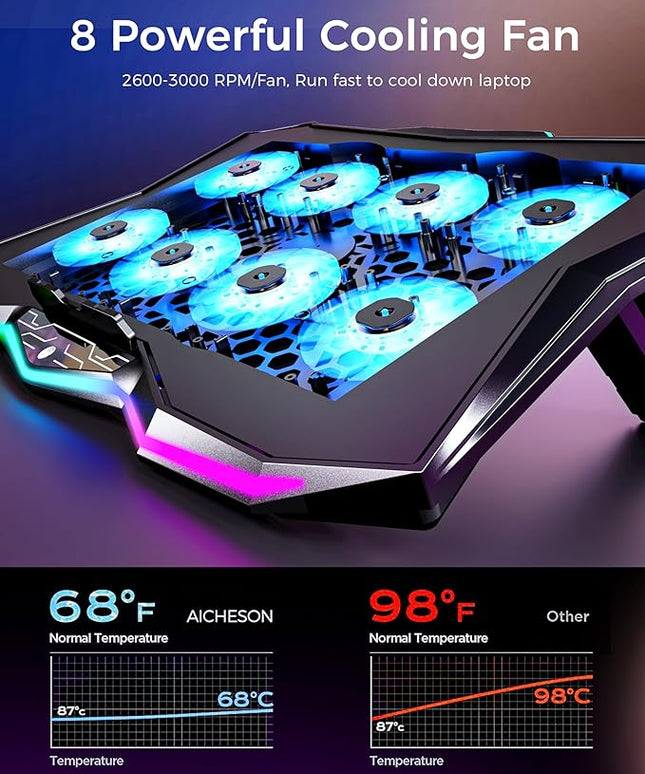 AICHESON Gaming Laptop Cooling Pad with 8 Fans, RGB Computer Stand for 15.6-17.3 Inch Notebook with 7 Height Slots, 2 USB Ports, AA3