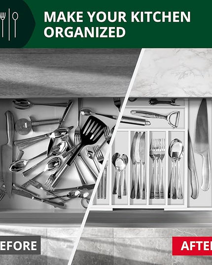 ROYAL CRAFT WOOD Luxury Bamboo Kitchen Drawer Organizer - Silverware Organizer - Utensil Holder and Cutlery Tray with Grooved Drawer Dividers for Flatware and Kitchen Utensils (9 Slot, White)