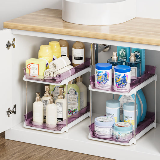 Delamu 2-Tier Multi-Purpose Bathroom Under Sink Organizers and Storage, Stackable Kitchen Pantry Organization, Pull Out Medicine Cabinet Organizer with Movable Dividers, Purple, 2 Pack