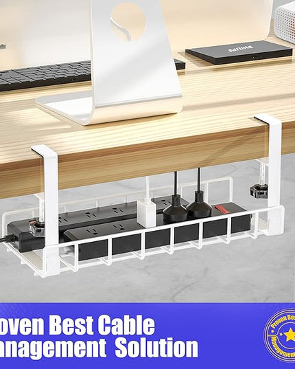 Under Desk Cable Management Tray, Xpatee Upgraded Wire Management No Drill No Screws, Cable Tray with Clamp for Wire Organizers, Computer Cord Rack for Office, Home - No Damage to Desk White