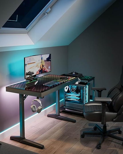 EUREKA ERGONOMIC RGB LED Gaming Desk, Music Sync Lights Up Tempered Glass Desktop, 43" GTG I43 Home Office Computer Table W Controller Rack 4 USB Charging Ports, APP Control
