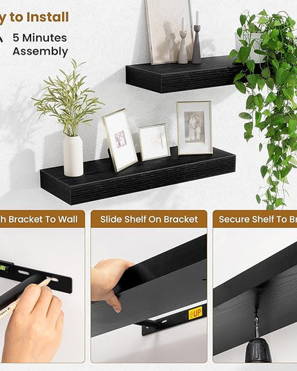Fun Memories Floating Shelves Bathroom for Wall Mounted Shelves, 20 Inch Wood Shelf Set of 2, Home Storage & Display Decor, Black