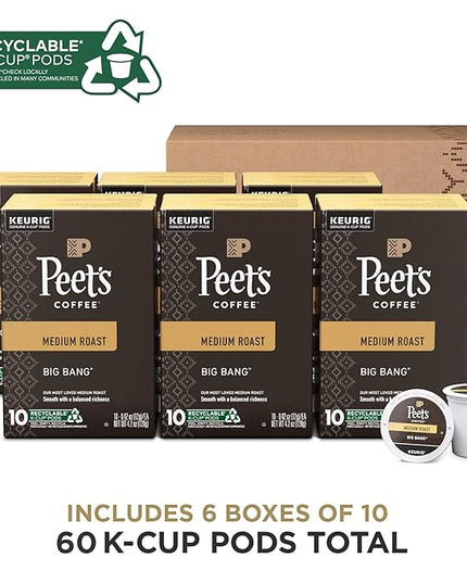 Peet's Coffee, Medium Roast Keurig K-Cup Pods, 100% Arabica Coffee - Big Bang 60 Count (6 Boxes of 10 K-Cup Pods)
