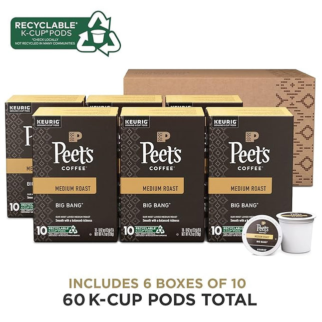 Peet's Coffee, Medium Roast Keurig K-Cup Pods, 100% Arabica Coffee - Big Bang 60 Count (6 Boxes of 10 K-Cup Pods)