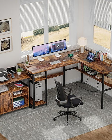 Unikito L Shaped Computer Desk with Magic Power Outlets and USB Charging Port, Sturdy Reversible Corner Desk with Storage Shelves, Modern Work Desk for Home Office, Easy to Assemble, Rustic Brown