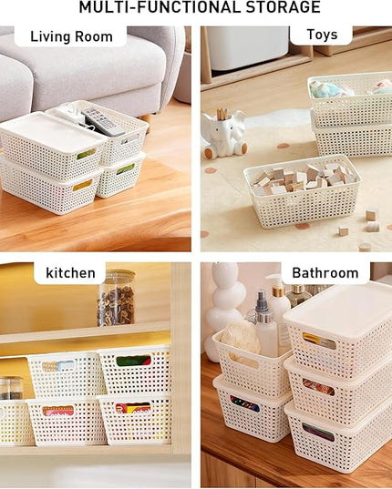 Plastic Storage Baskets With Lid, Storage Bins for Organizing, Stackable Decorative Containers for Shelves Drawers Desktop Closet Playroom Classroom Office, 6 Pack- White