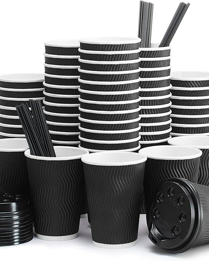 Primens Insulated Disposable Coffee Cups with Lids & Straws 12 oz, 100 Packs - Paper Cups for Hot Beverage Drinks To Go Tea Coffee Home Office Car Coffee Shop Party (Black)