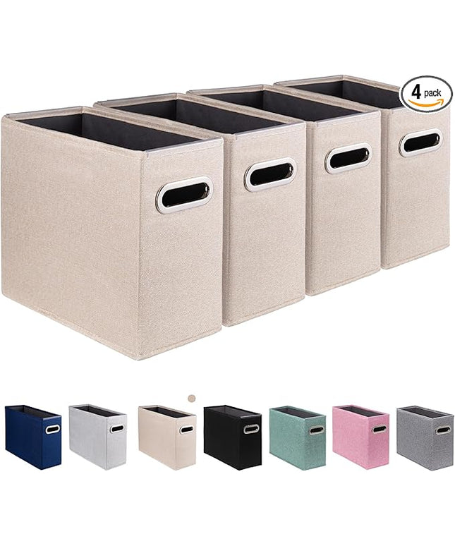 4 Pack Letter Size File Storage Box Collapsible, Fabric Hanging File Folders Organizer, Portable Office Document Holder with Metal Handle, Smooth PVC Rails, Beige