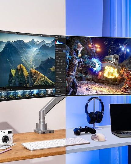 AVLT Single 17"-57" Super Ultrawide Monitor Arm for Screens Up to 59.5 lbs, Premium Aluminum Desk Stand, Adjustable Pneumatic Height, Full Motion Swivel Tilt Rotation, USB-C & USB-A Ports, Gray