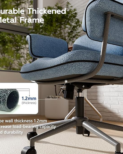 Blue Desk Chair with Wheels and Wide Arms, Soft Granular Linen Fabric Office Chair, Mid Back Vintage Comfy Home Office Desk Chairs with Memory Foam Seat Cushion, Adjustable Height
