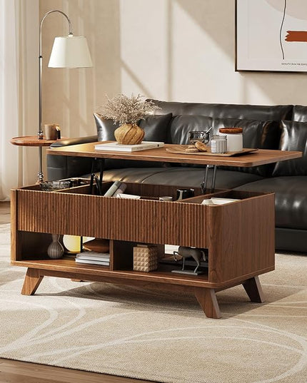 ONBRILL Farmhouse Lift Top Coffee Table, Mid Century Modern Coffee Table with Hidden Storage Compartment, Fluted Rising Pull up Wood Modern Center for Living Room, Office, Walnut