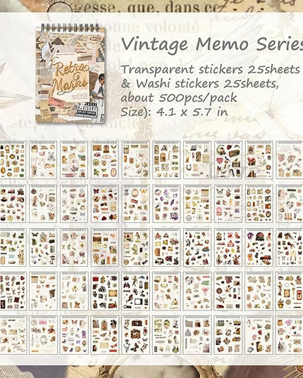 SIBLYMONA Vintage Stickers Pack, 50 Sheets Over 500 Pcs Art Stickers for Journaling, Scrapbooking Supplies and Junk Journal Bullet Journal Deco & Collage Kit Planner Accessories (Letter)