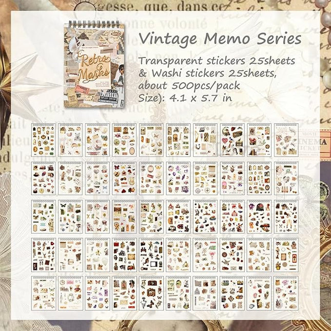 SIBLYMONA Vintage Stickers Pack, 50 Sheets Over 500 Pcs Art Stickers for Journaling, Scrapbooking Supplies and Junk Journal Bullet Journal Deco & Collage Kit Planner Accessories (Letter)