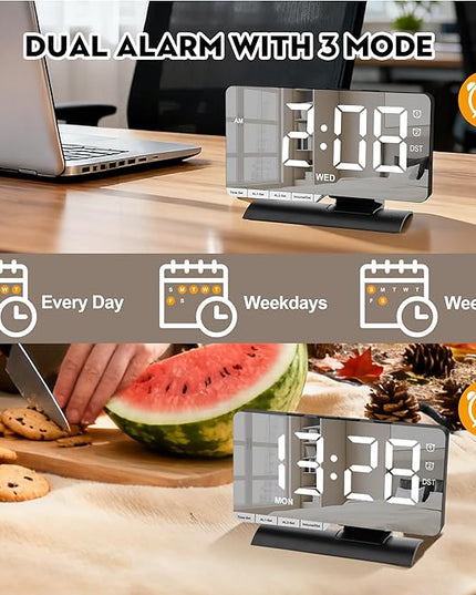SZELAM Digital Clock,Alarm Clock Bedside,7.3'' Large LED Mirror with Date Display,Dual Alarm with 3 Mode,Brightnee Adjust,DST,Snooze Function,USB C Charging Port,5 Levels Volume for Desk Bedroom Teens