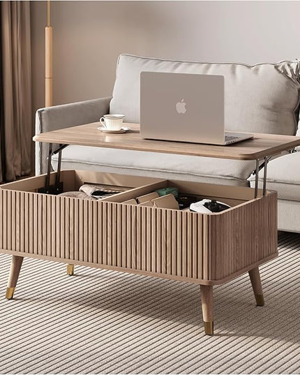 JOINICE Lift Top Coffee Table with Storage,Natural Wood Center Table for Living Room, Modern Farmhouse Oak Fluted Design,Pop-Up Desk for Work & Dining