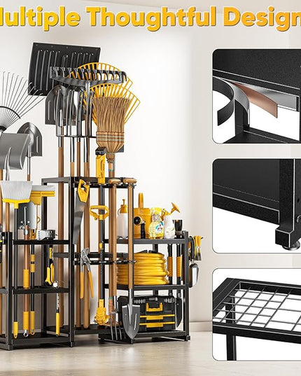 42" H Large Garden Tool Organizer, Holds Up to 86 Tools, Heavy Duty Yard Tool Organizer for Garage, 61“ Wide Lawn Freestanding Tool Storage Rack for Outdoor Shed Tool Rake, Shovel, Brooms