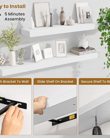 Fun Memories 40 Inch Floating Shelves, Long Wood Wall Shelf Set of 2 with Invisible Brackets, for Bathroom, Living Room, Bedroom, Kitchen, White