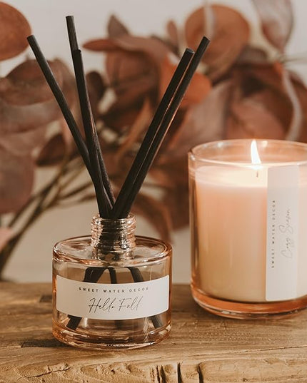Sweet Water Decor Hello Fall Reed Diffuser, Cozy Autumn Home Scent with Apple Cider & Spice, Long-Lasting Non-Toxic Oil for Bedroom, Bathroom & Office, Fall Gift Set for Women, Lasts 4+ Months