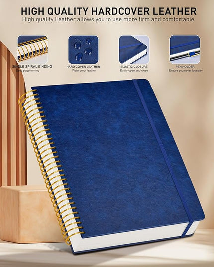 B5 Spiral Notebook Journal 7.6” x 10”, 300 Numbered Pages Hardcover Leather Journals for Women Men, Large Lined College Ruled Notebooks, 100GSM Thick Paper, Spiral Bound Journal for Work School, Navy