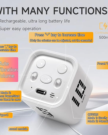 Exlliy Rotating Productivity Timer 5, 10, 30, 60 Minutes Preset, Desk Cube w/Gravity Sensor for ADHD, Mute Functions, Ideal for Work, Study, Kitchen, Back to School (White)