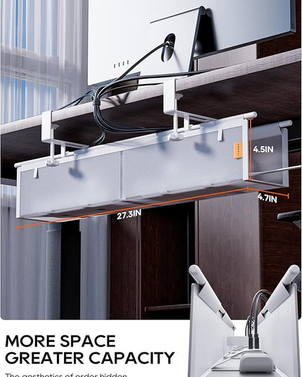 Under Desk Cable Management Tray No Drill, Cable Ties Included, Eco-Friendly Canvas Material, Mesh Design for Heat Dissipation, Cable Organizer/Storage for Standing Desk(27inch, White)