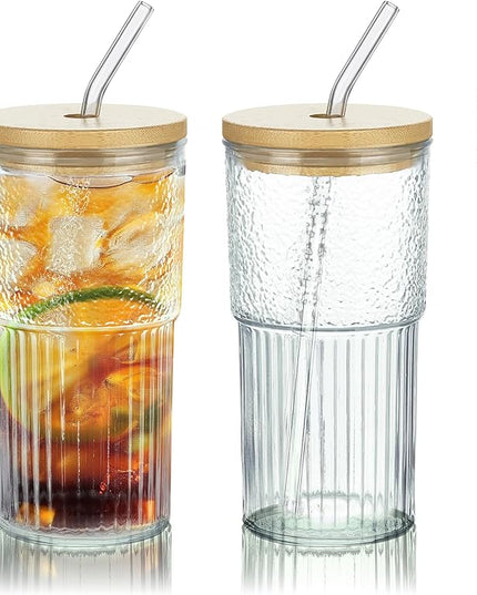 Joeyan 24 oz Clear Glass Tumbler with Straw and Bamboo Lid,Ribbed Large Glasses Cups for Iced Tea Coffee Smoothie Water Juice Beverages Soda,Thickened Drinking Jar,Set of 2,Dishwasher Safe