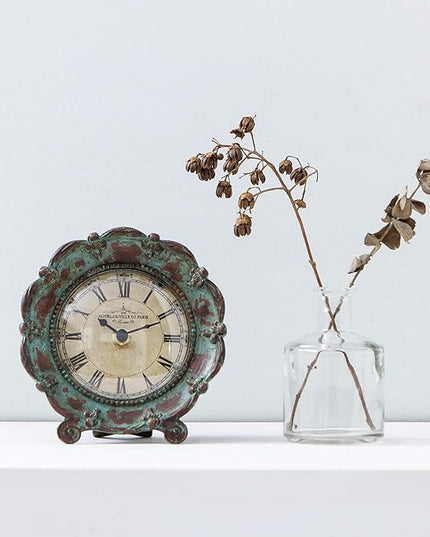 NIKKY HOME Table Top Clock, Vintage French Decorative Pewter Analog Desk Clock Battery Operated for Living Room Decor Shelf, Green