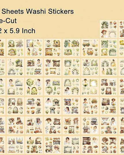 YagCu Garden Journal Sticker Book, 50 Sheets Washi Junk Journaling Sticker, Scrapbook Supplies, Watercolor Scrapbooking for Adults, Yellow Decorative Ephemera Arts Craft