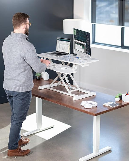 VIVO 36 inch Desk Converter, K Series, Height Adjustable Sit to Stand Riser, Dual Monitor and Laptop Workstation with Wide Keyboard Tray, White Dry Erase, DESK-V036KWE