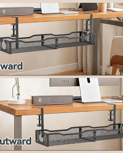 Cable Management, 25.3'' Under Desk Cable Management Tray No Drill, Metal Cable Organizer with Clamp for Wire Management, Cord Organizer for Home Office, Desk Accessories Organizer, Black