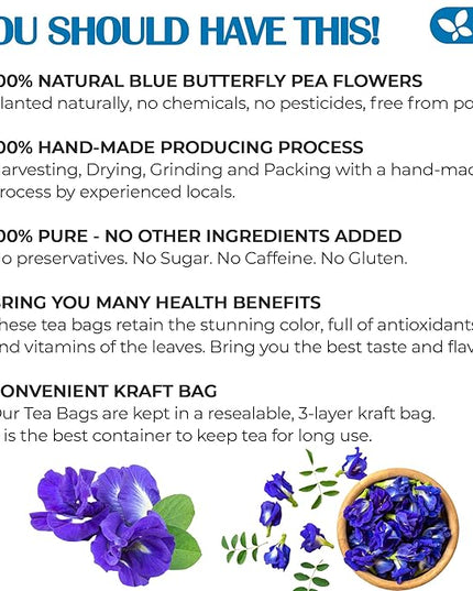 FreshDrinkUS, 100 Premium Butterfly Pea Flower Tea Bags – 100% Pure & Natural | Caffeine-Free Herbal Blue Tea | No Additives, Non-GMO, Made With Natural Material Tea Bag, No Sugar, No Caffeine, No Gluten, Vegan