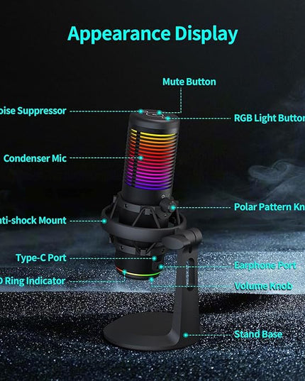 TOALLIN CM20P - USB Condenser Microphone with RGB Lights for Gaming/Streaming/Podcasting/Recording, 192kHz/24Bit, Noise Canceling & Volume Adjustable, Compatibles with Laptop/PC/Tablet/Phone, Black