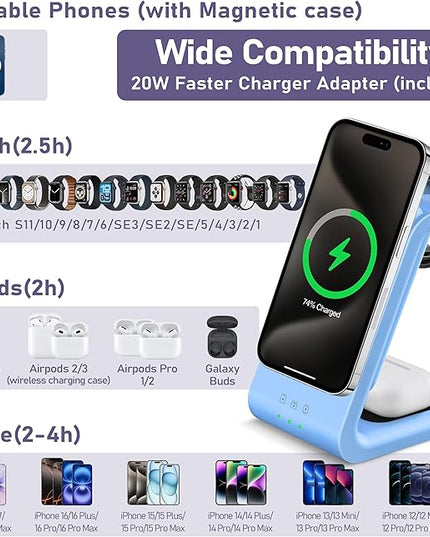 3 in 1 Wireless Charging Station: 5000mAh Removable Power Bank Charger Stand for Phone/Watch/Air Pods - Portable Magnetic Battery Pack for Air 17 16 15 14 13 12 Series Blue