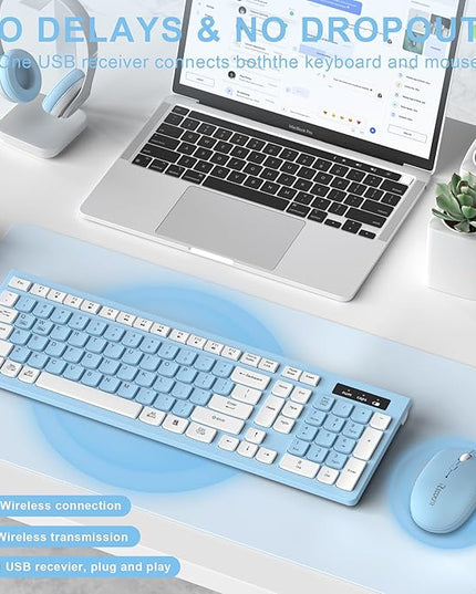 Wireless Keyboard and Mouse Combo, Full-Sized Wireless Keyboard and Adjustable DPI Mouse, 2.4GHz USB Receiver, Keyboard and Mouse for PC, Windows, Desktop, Laptop (Sky Blue-A)