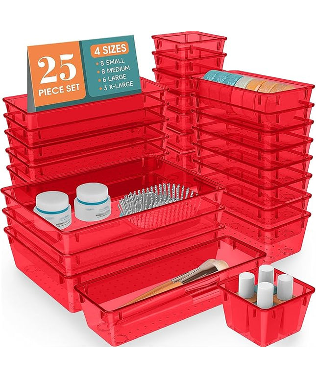 WOWBOX 25 PCS Plastic Drawer Organizer Set, 4 Sizes Desk Drawer Divider Organizers and Storage Bins for Makeup, Jewelry, Gadgets for Kitchen, Bedroom, Bathroom, Office, Clear Red
