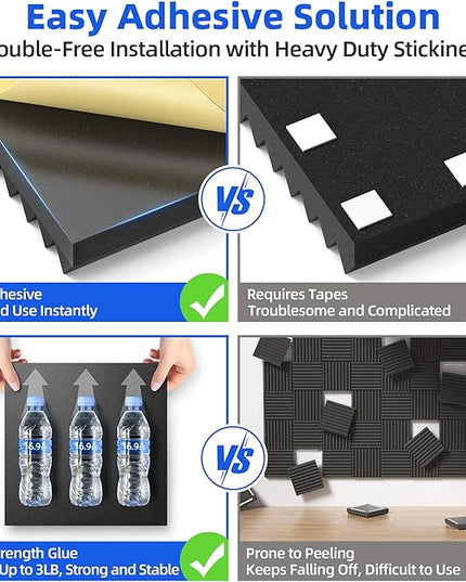 12 Pack Sound Proof Foam Panels for Wall with Self Adhesive, 2" X 12" X 12" High Density Acoustic Panels Sound Absorbing Quick-Recovery, Wedges Soundproof Wall Panels for Gaming & Studio Decor - Black