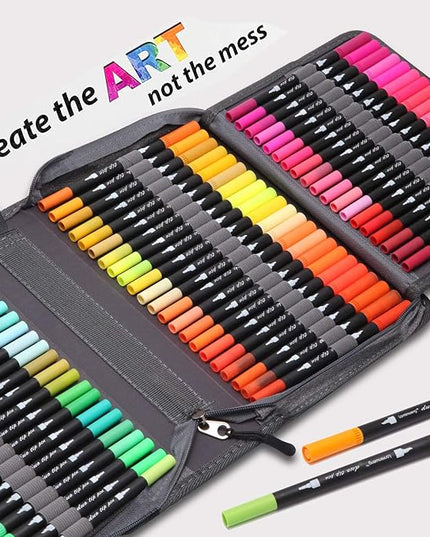 nobrand 120 Colors Duo Tip Brush Markers Art Pen Set,LANRENWENG Fine Brush Tip Colored Pens Set with Canvas Bag,Markers for Adult Coloring Books Drawing Sketching Note taking Lettering Calligraphy