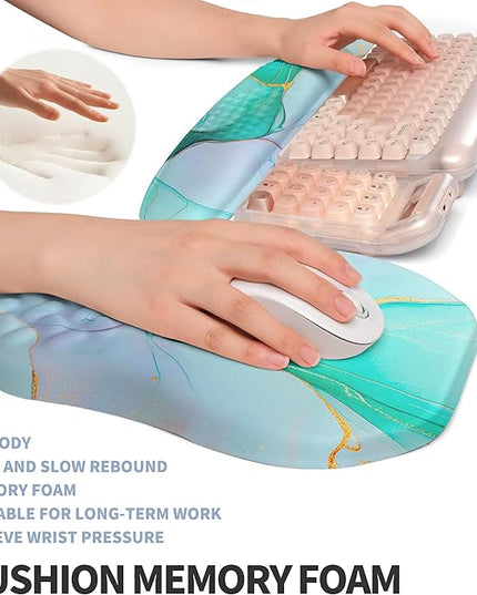 2-in-1 Ergonomic Set, Wave Keyboard Wrist Rest and Massage Slope Mouse Pad Wrist Support, Rebound Memory Foam for Relieve Carpal Tunnel Syndrome and Wrist Pain (Green Gold Marble)