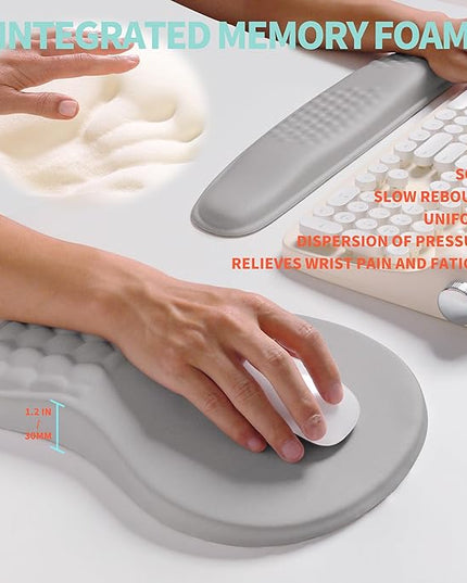 2-in-1 Ergonomic Set, Wave Rise Keyboard Wrist Rest and Massage Bulge Slope Mouse Pad Wrist Support, Cushion Memory Foam Integrated to Relieve Wrist Pain, Silver Gray