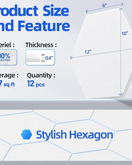 12 Pack Hexagon Acoustic Panels with Self-Adhesive, 12" X 10" X 0.4" Sound Proof Foam Panels for Walls, High Density Soundproof Wall Panels, Sound Dampening Panels for Home Studio Decor Office - White