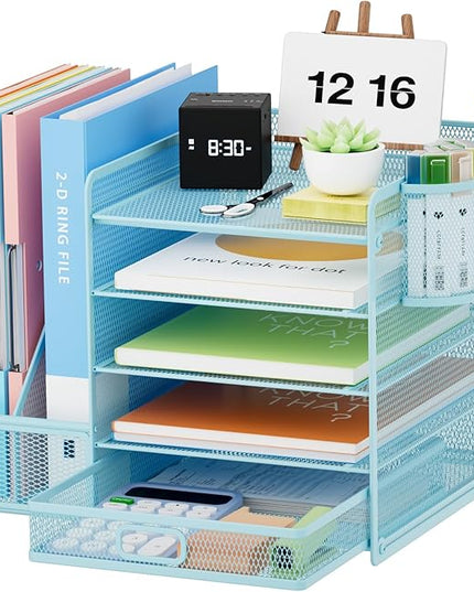 Marbrasse Desk Organizer with File Holder, 5-Tier Paper Letter Tray Organizer with Drawer and 2 Pen Holder, Mesh Desktop Organizer and Storage with Magazine Holder for Office Supplies(Blue)
