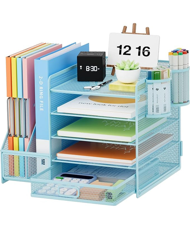 Marbrasse Desk Organizer with File Holder, 5-Tier Paper Letter Tray Organizer with Drawer and 2 Pen Holder, Mesh Desktop Organizer and Storage with Magazine Holder for Office Supplies(Blue)