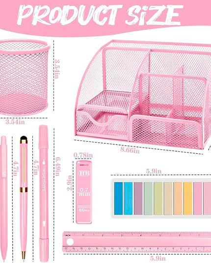 Pink Office Supplies, 17Pcs Pink Desk Accessories Set Include Stapler, Mesh Desk Organizer, Tape Dispenser, Staple Remover, Pen Holder, Clips, Pens, Ruler, for Office Home School Women Students Gift